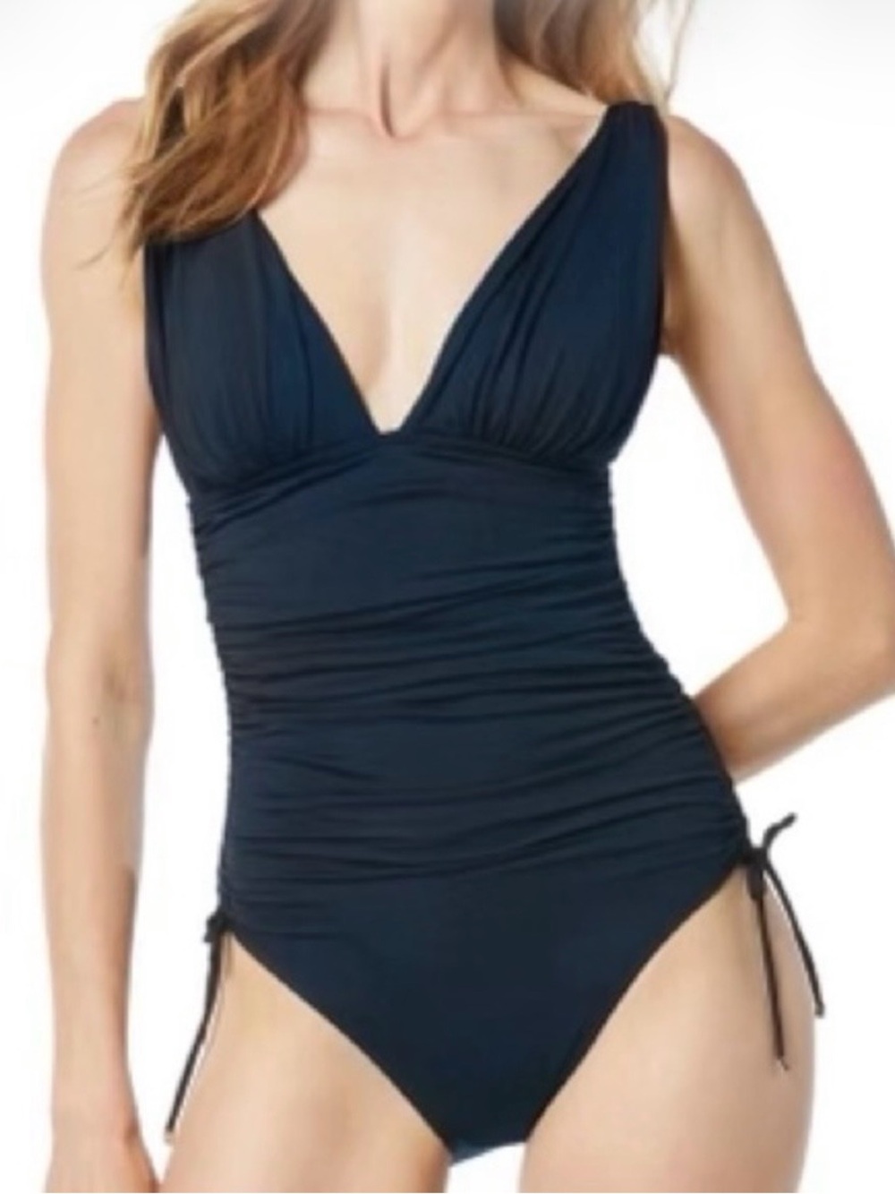 NWT Michael Kors Navy Ruched One Piece Swimsuit 8 Plunge